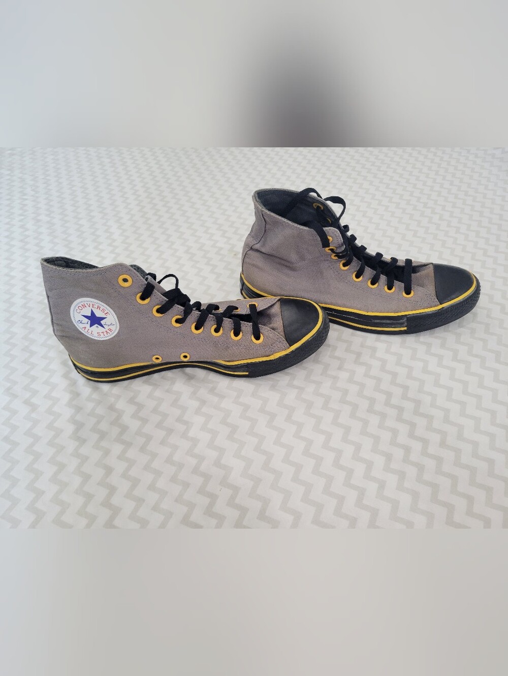 Converse Gray Canvas High-Top Sneakers with Yellow Trim